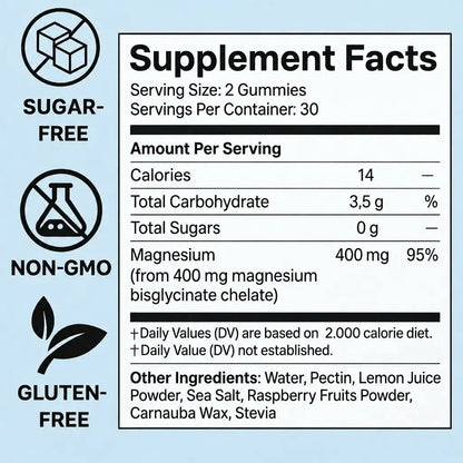 A supplement facts label with icons indicating Sugar-Free, Non-GMO, and Gluten-Free, alongside a Supplement Facts table showing serving size 2 gummies and ingredients.